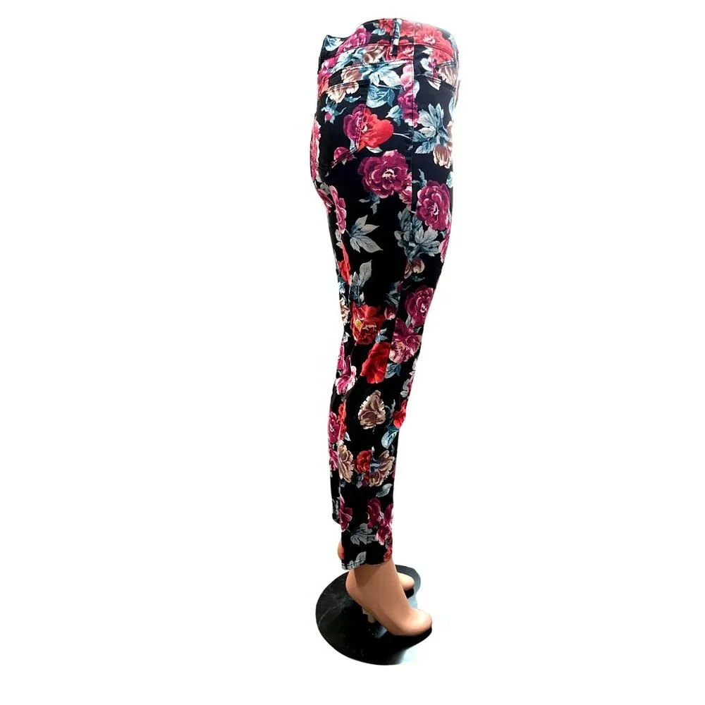 Chicos Floral Skinny Jeggings Pants Ankle Black Red Vibrant Roses Stretch Size 4 - Picture 4 of 13